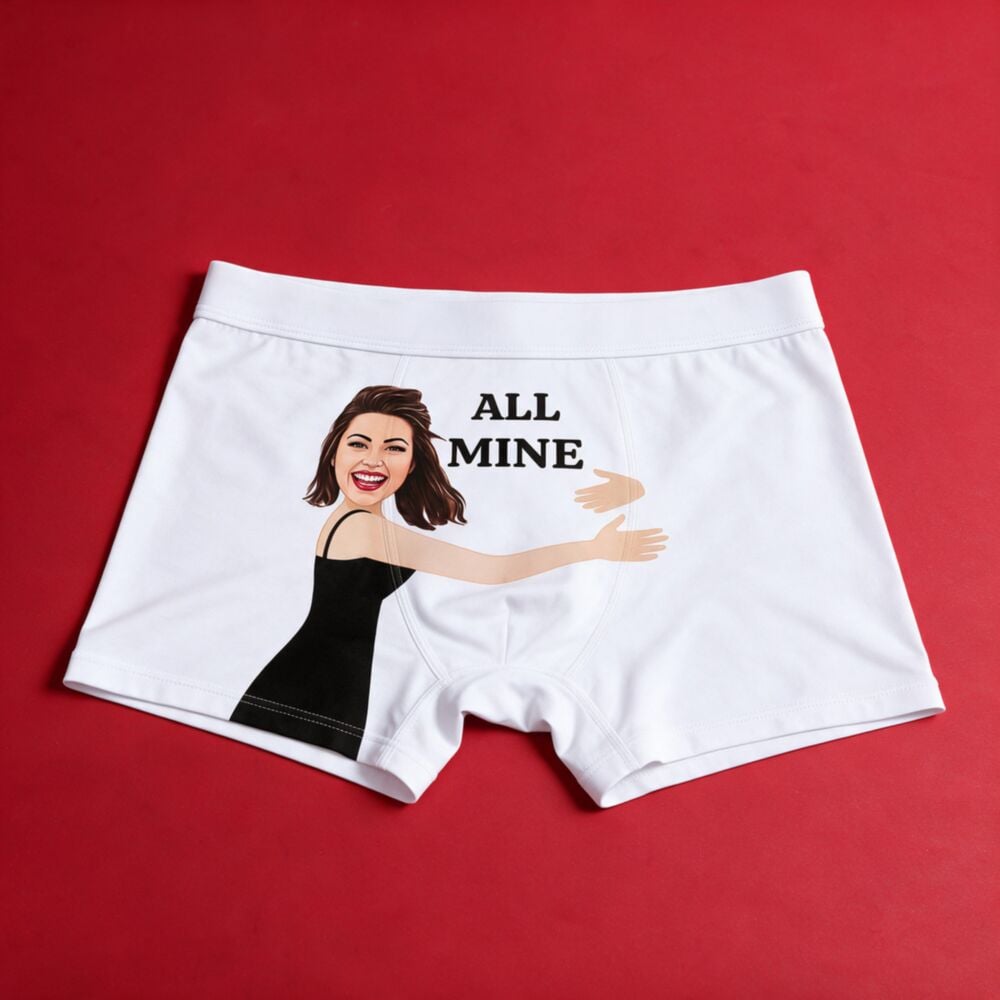 Personalised boxer shorts with face and text – white with caricature and ALL MINE