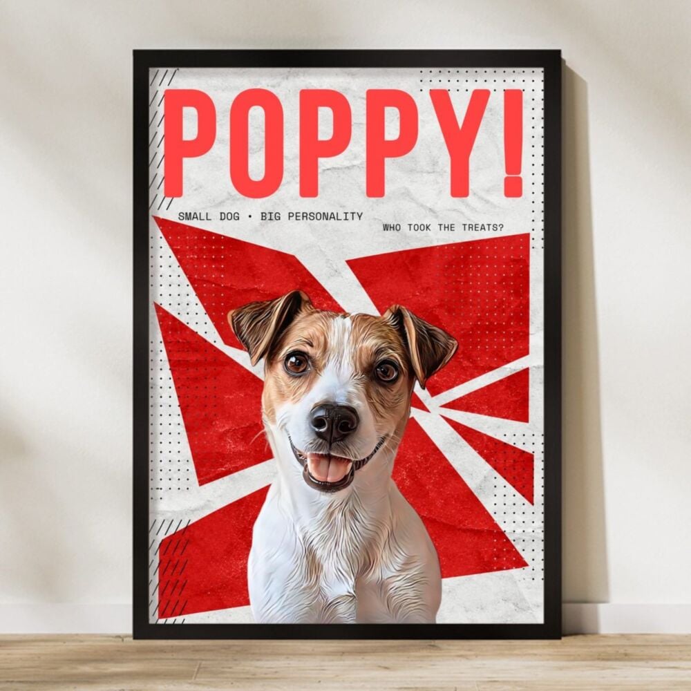 Personalised poster with dog photo and name – retro halftone, in size A2